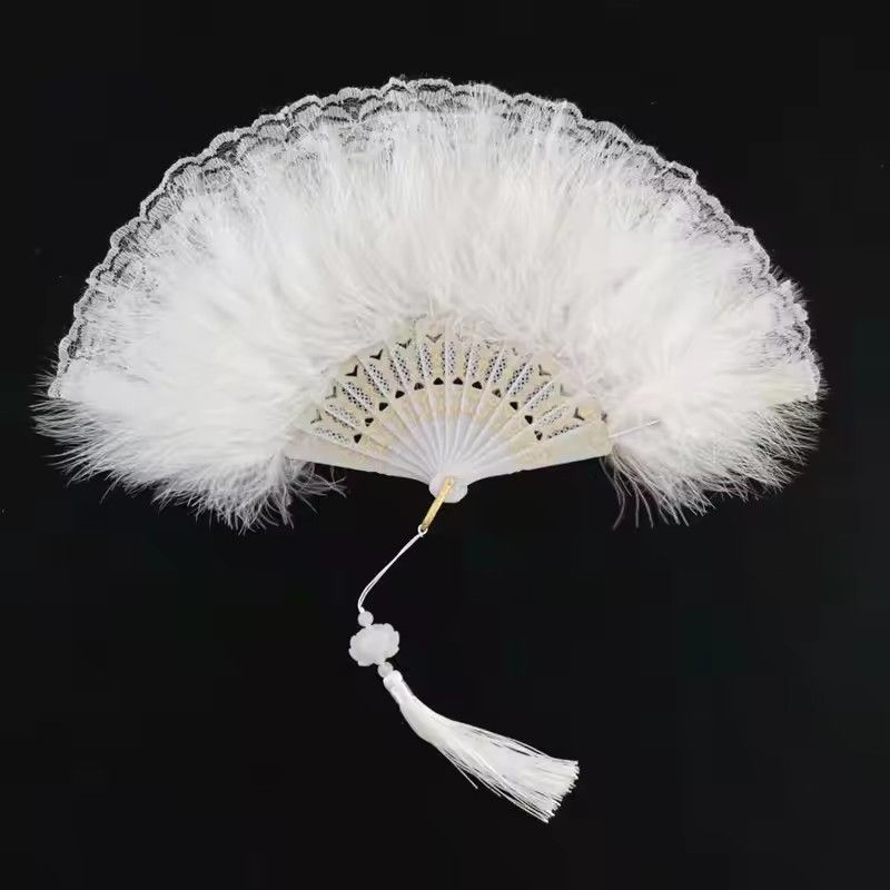 Chinese Style Vintage Retro Foldable Hand Fan Feathers Lace Folding Handheld Fan for Dance Wedding Decoration Party Favor Gifts
