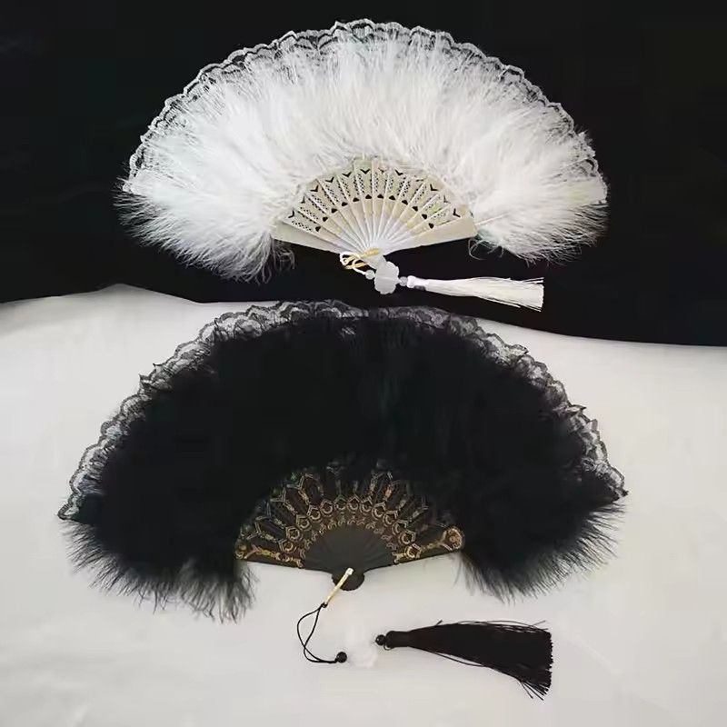 Chinese Style Vintage Retro Foldable Hand Fan Feathers Lace Folding Handheld Fan for Dance Wedding Decoration Party Favor Gifts