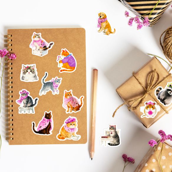 56PCS Kawaii Animal Cartoon Stickers Cute Cat Dog Decals DIY Water Bottle Phone Notebook Funny Creative Sticker Decoration