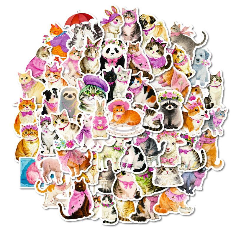 56PCS Kawaii Animal Cartoon Stickers Cute Cat Dog Decals DIY Water Bottle Phone Notebook Funny Creative Sticker Decoration