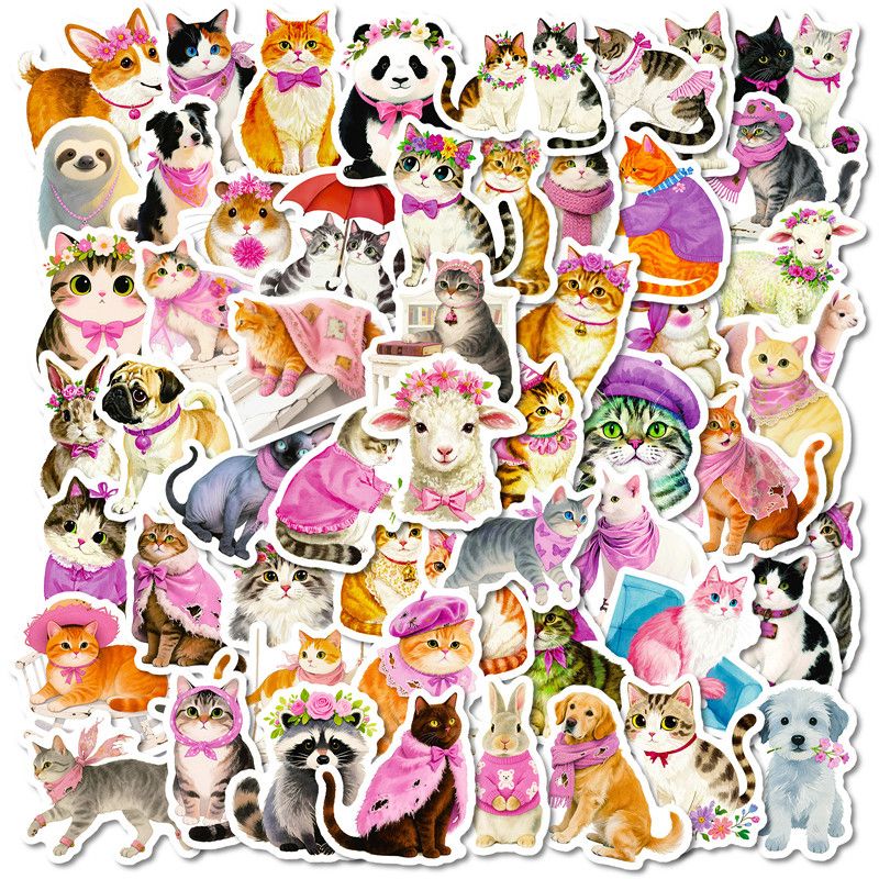 56PCS Kawaii Animal Cartoon Stickers Cute Cat Dog Decals DIY Water Bottle Phone Notebook Funny Creative Sticker Decoration
