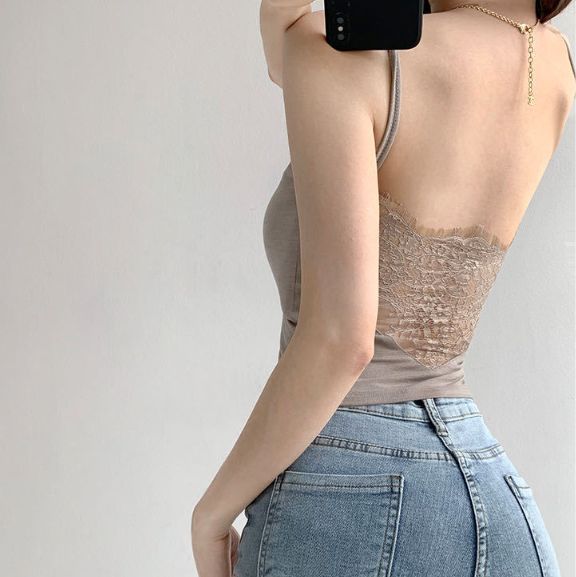 1PC Women Sexy Lace Crop Top See Through Back Camis Elegant Ladies Summer Padded Tank Casual Tee Outfit
