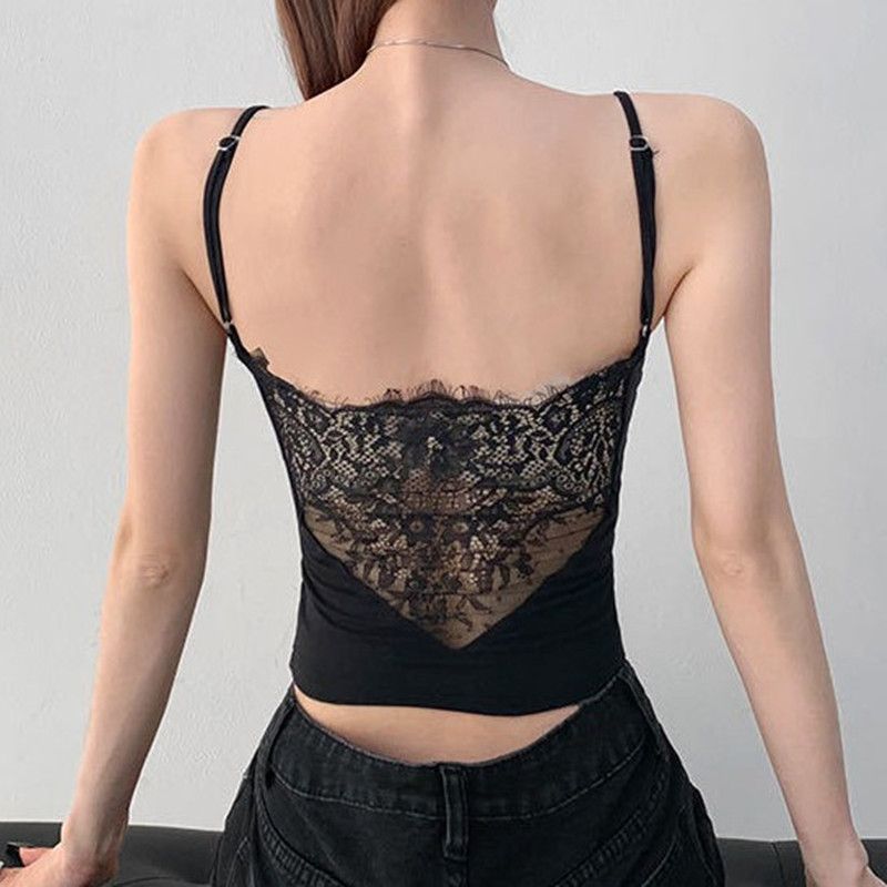 1PC Women Sexy Lace Crop Top See Through Back Camis Elegant Ladies Summer Padded Tank Casual Tee Outfit