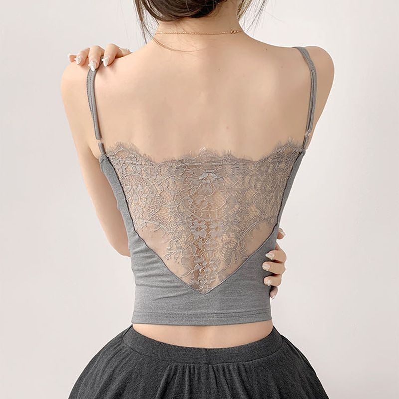 1PC Women Sexy Lace Crop Top See Through Back Camis Elegant Ladies Summer Padded Tank Casual Tee Outfit