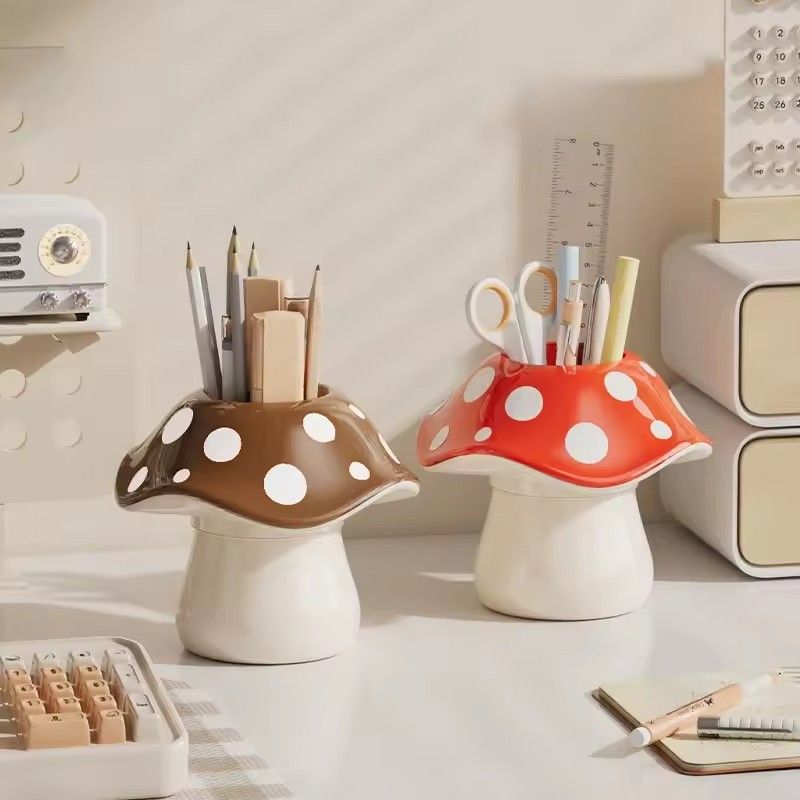 1PC Polka Dot Mushroom Storage Box For Student Dormitory Desk Stationery Sundries Pen Holder Bathroom Makeup Brush Organizer
