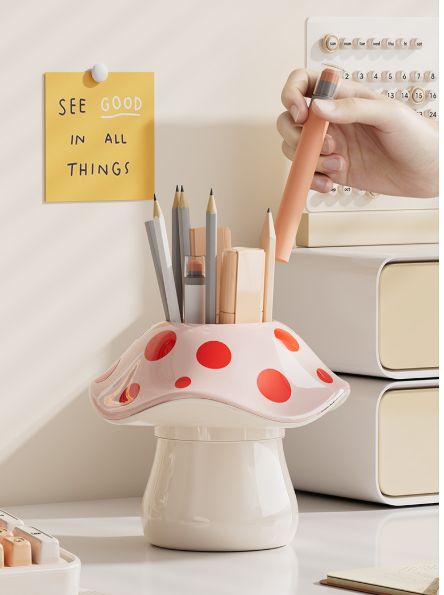 1PC Polka Dot Mushroom Storage Box For Student Dormitory Desk Stationery Sundries Pen Holder Bathroom Makeup Brush Organizer