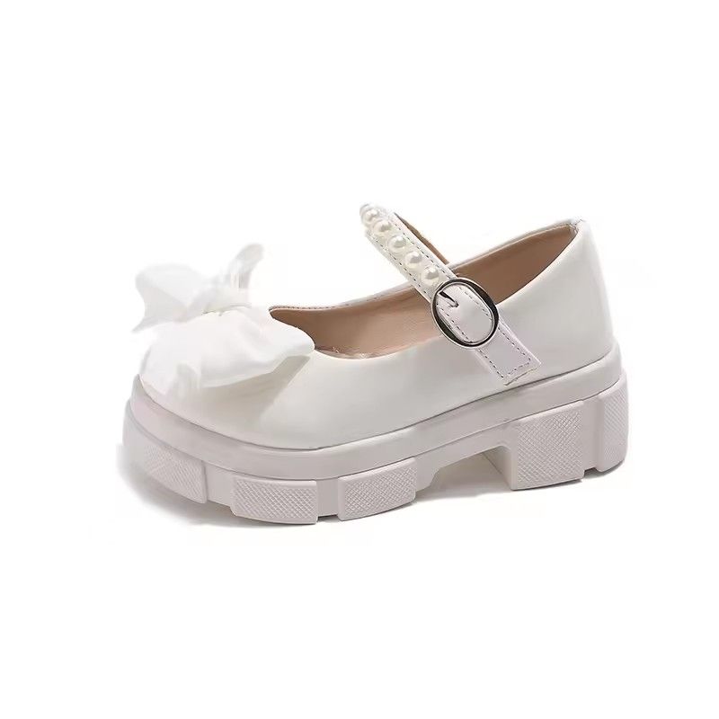Single Shoes Children Spring Summer Thickened Leather Shoes Girls Soft Sole Pearl Bow Princess Shoes Girls Round Toe Velcro