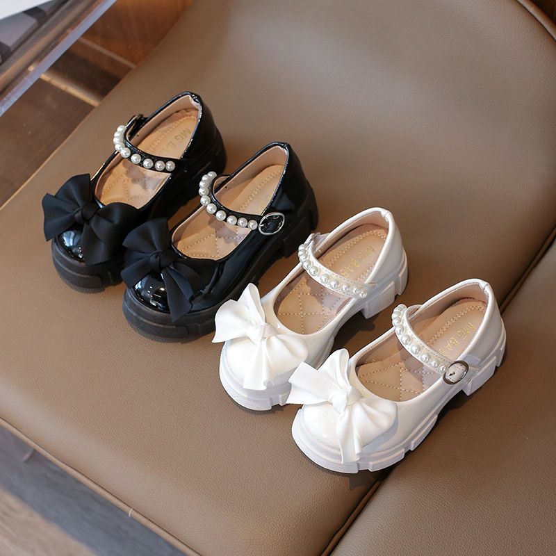 Single Shoes Children Spring Summer Thickened Leather Shoes Girls Soft Sole Pearl Bow Princess Shoes Girls Round Toe Velcro