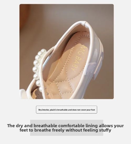 Single Shoes Children Spring Summer Thickened Leather Shoes Girls Soft Sole Pearl Bow Princess Shoes Girls Round Toe Velcro