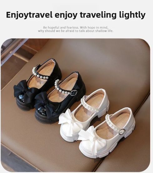 Single Shoes Children Spring Summer Thickened Leather Shoes Girls Soft Sole Pearl Bow Princess Shoes Girls Round Toe Velcro