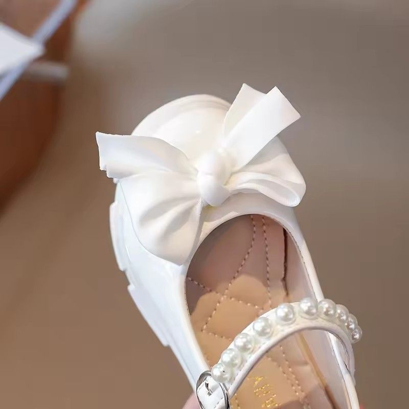 Single Shoes Children Spring Summer Thickened Leather Shoes Girls Soft Sole Pearl Bow Princess Shoes Girls Round Toe Velcro
