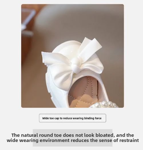 Single Shoes Children Spring Summer Thickened Leather Shoes Girls Soft Sole Pearl Bow Princess Shoes Girls Round Toe Velcro