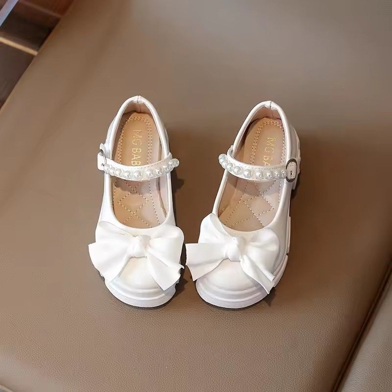 Single Shoes Children Spring Summer Thickened Leather Shoes Girls Soft Sole Pearl Bow Princess Shoes Girls Round Toe Velcro