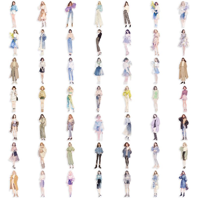 50PCS High Street Girls Dressing Stickers Dress Up Aesthetic Cute Decal Laptop Notebook Phone Decoration PET Waterproof Sticker H-31