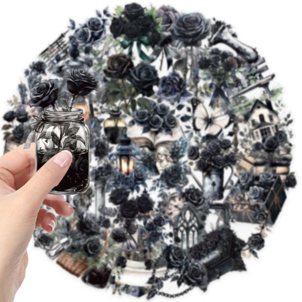 50Pcs Transparent Cartoon Dark Rose Sticker Pack Waterproof Transparent PET Bookkeeping Material Decorative Guitar Notebook H-41