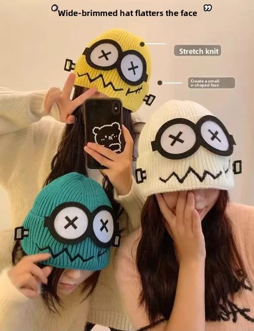 1PC Funny Cute Knitted Warmer Hat Women's Autumn and Winter Warm Cartoon Warm and Cold Ear Protection Hat Student Bald Hat