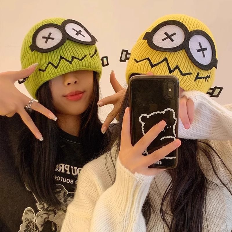 1PC Funny Cute Knitted Warmer Hat Women's Autumn and Winter Warm Cartoon Warm and Cold Ear Protection Hat Student Bald Hat