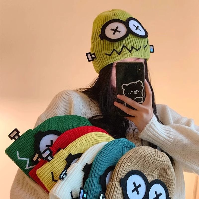 1PC Funny Cute Knitted Warmer Hat Women's Autumn and Winter Warm Cartoon Warm and Cold Ear Protection Hat Student Bald Hat