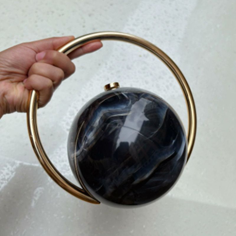 2025 Luxury Women Golden Round Handle Marble Pattern Evening Clutch Bag Brand Fashion Acrylic Smooth Bright Round Ball Handbags