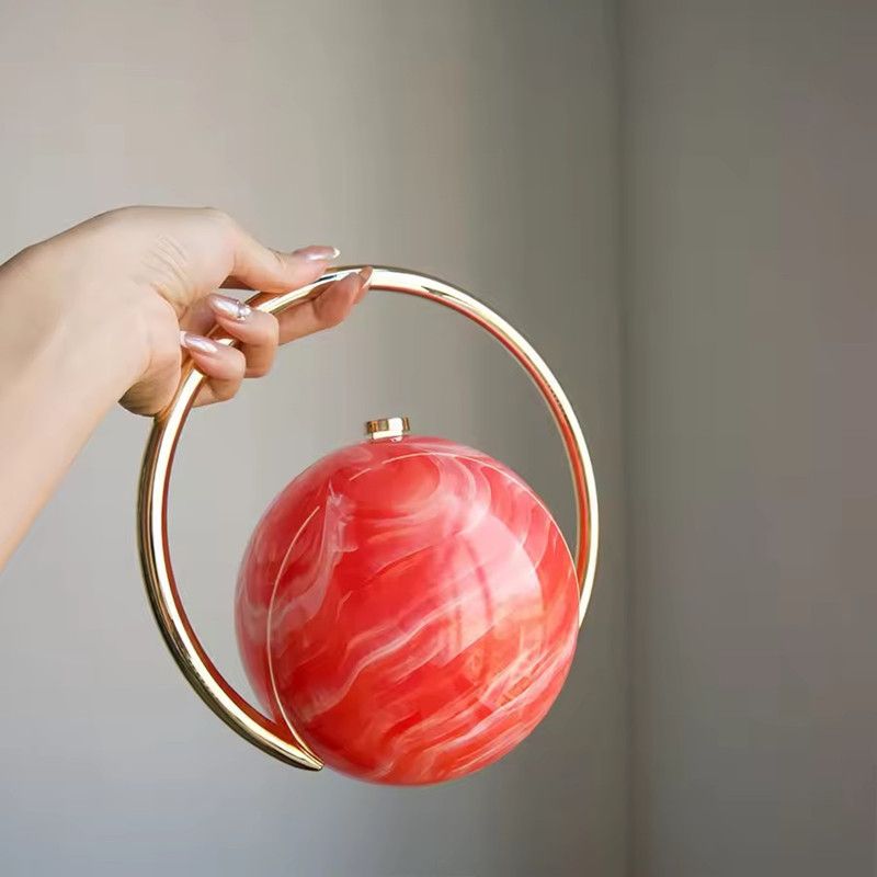 2025 Luxury Women Golden Round Handle Marble Pattern Evening Clutch Bag Brand Fashion Acrylic Smooth Bright Round Ball Handbags