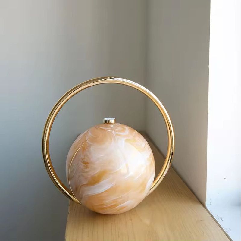 2025 Luxury Women Golden Round Handle Marble Pattern Evening Clutch Bag Brand Fashion Acrylic Smooth Bright Round Ball Handbags
