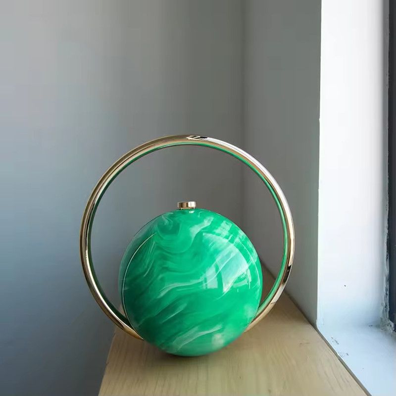 2025 Luxury Women Golden Round Handle Marble Pattern Evening Clutch Bag Brand Fashion Acrylic Smooth Bright Round Ball Handbags