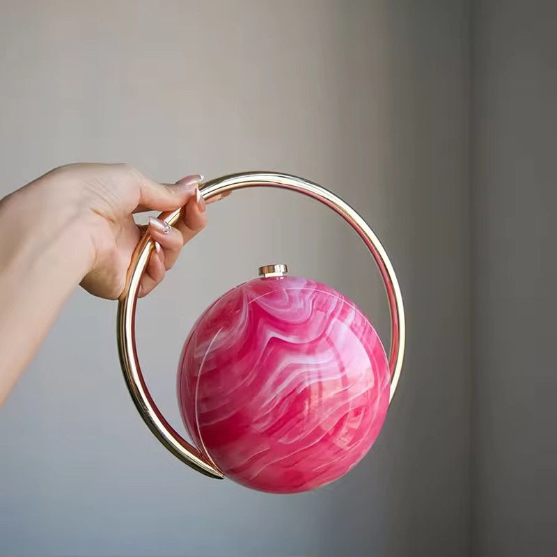 2025 Luxury Women Golden Round Handle Marble Pattern Evening Clutch Bag Brand Fashion Acrylic Smooth Bright Round Ball Handbags