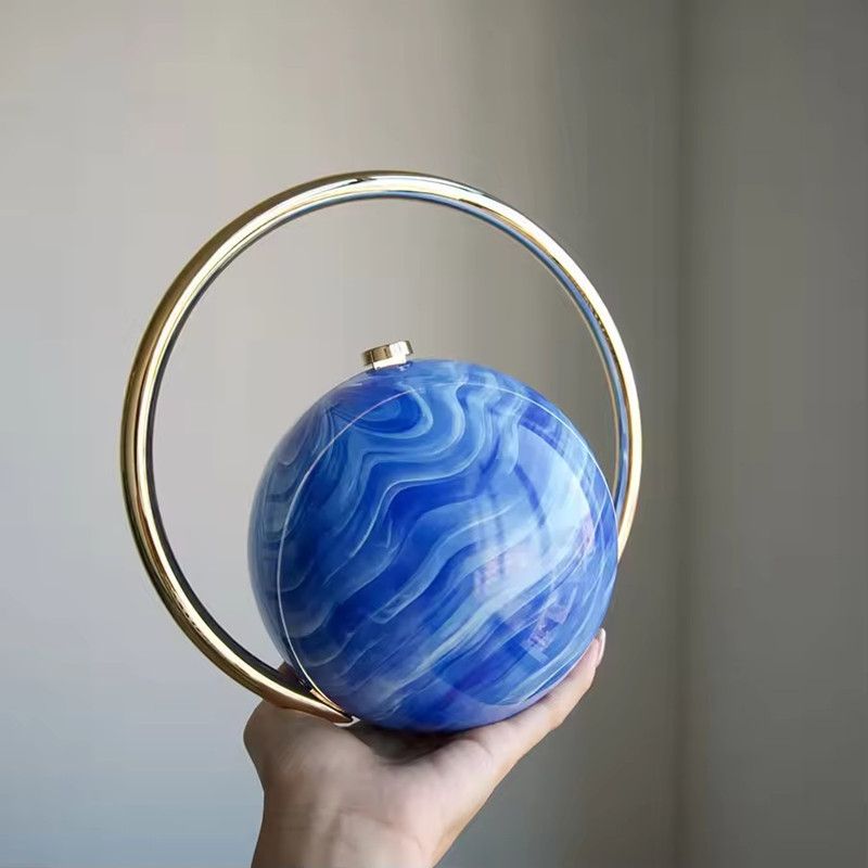 2025 Luxury Women Golden Round Handle Marble Pattern Evening Clutch Bag Brand Fashion Acrylic Smooth Bright Round Ball Handbags