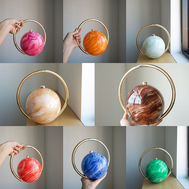 2025 Luxury Women Golden Round Handle Marble Pattern Evening Clutch Bag Brand Fashion Acrylic Smooth Bright Round Ball Handbags