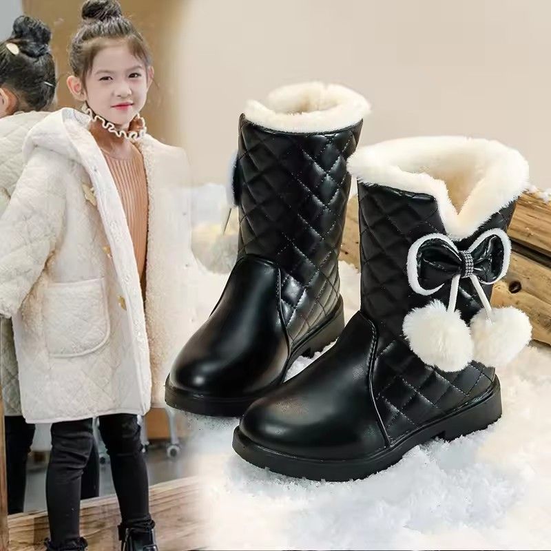 2025 Winter New Fashion Children Princess Boots Waterproof Girls Warm Boots with Bow Kids Snow Boots with Fur Plush