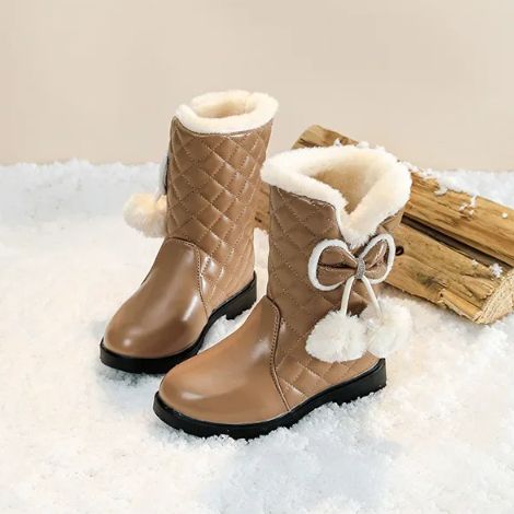 2025 Winter New Fashion Children Princess Boots Waterproof Girls Warm Boots with Bow Kids Snow Boots with Fur Plush