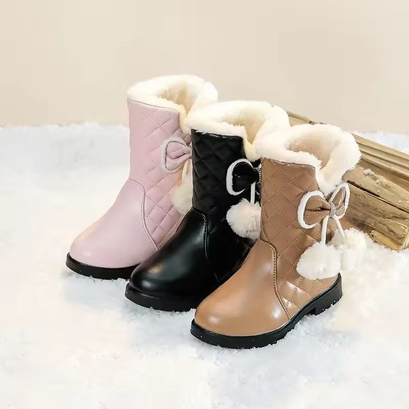 2025 Winter New Fashion Children Princess Boots Waterproof Girls Warm Boots with Bow Kids Snow Boots with Fur Plush