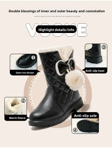2025 Winter New Fashion Children Princess Boots Waterproof Girls Warm Boots with Bow Kids Snow Boots with Fur Plush