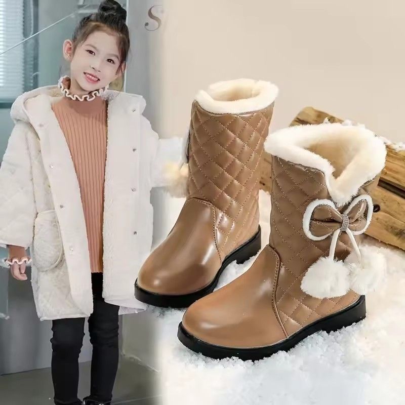 2025 Winter New Fashion Children Princess Boots Waterproof Girls Warm Boots with Bow Kids Snow Boots with Fur Plush