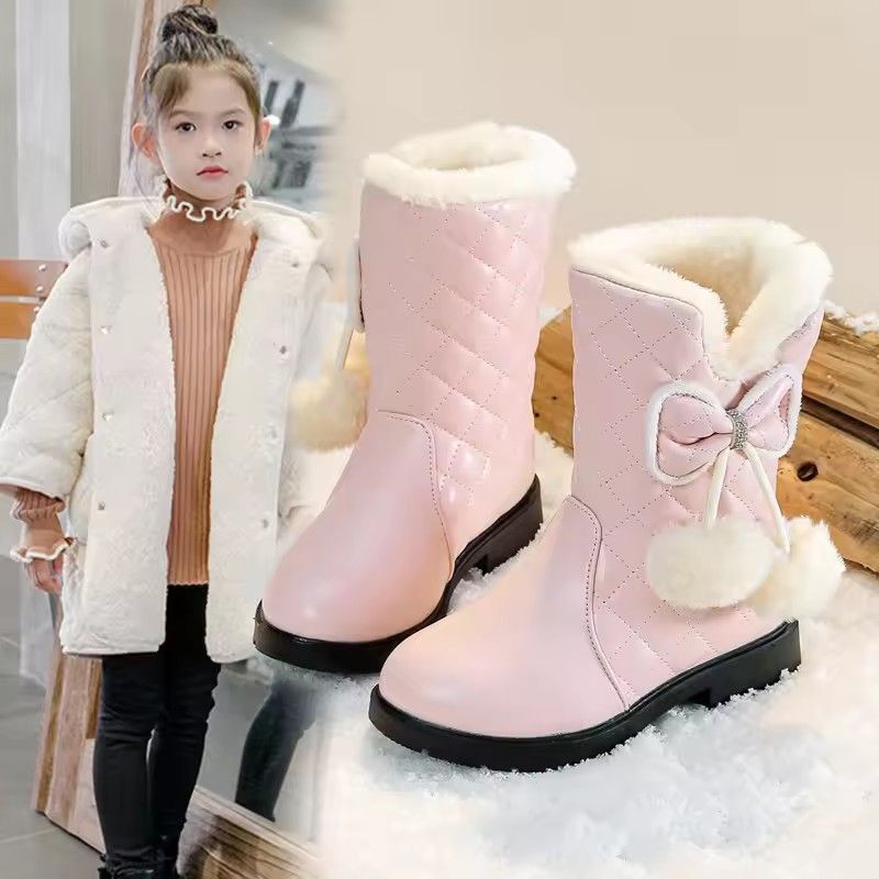 2025 Winter New Fashion Children Princess Boots Waterproof Girls Warm Boots with Bow Kids Snow Boots with Fur Plush