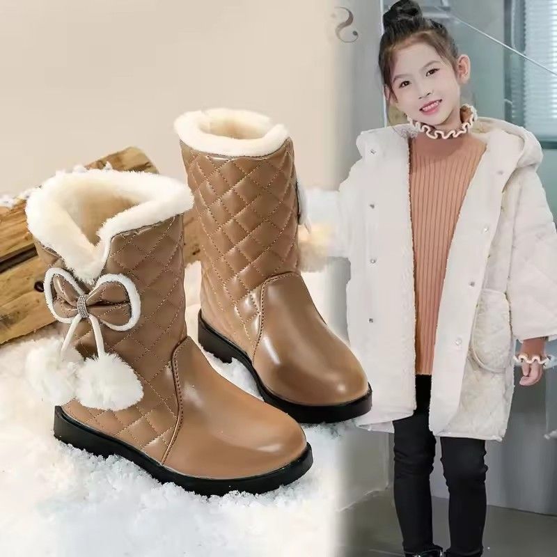 2025 Winter New Fashion Children Princess Boots Waterproof Girls Warm Boots with Bow Kids Snow Boots with Fur Plush