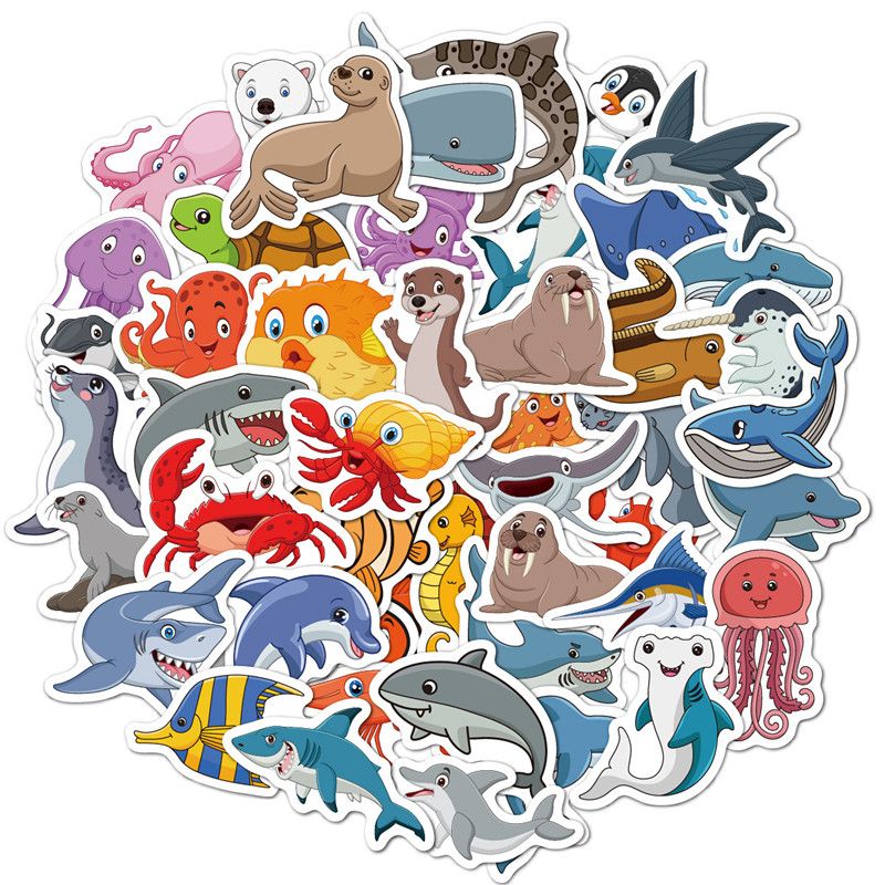 50PCS Cute Marine Animal Stickers Cartoon Skateboard Notebook Bottles DIY Children's Toys Decoration Gift Stickers