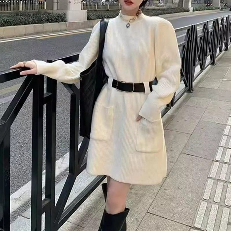 1PC Fashionable Knitted Dress Women's Base Layer Skirt Slimming Design Autumn Winter New Style Full Sleeve Polo Neck Mini Dress