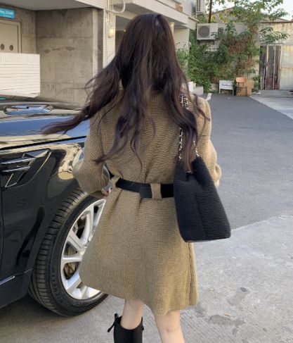 1PC Fashionable Knitted Dress Women's Base Layer Skirt Slimming Design Autumn Winter New Style Full Sleeve Polo Neck Mini Dress