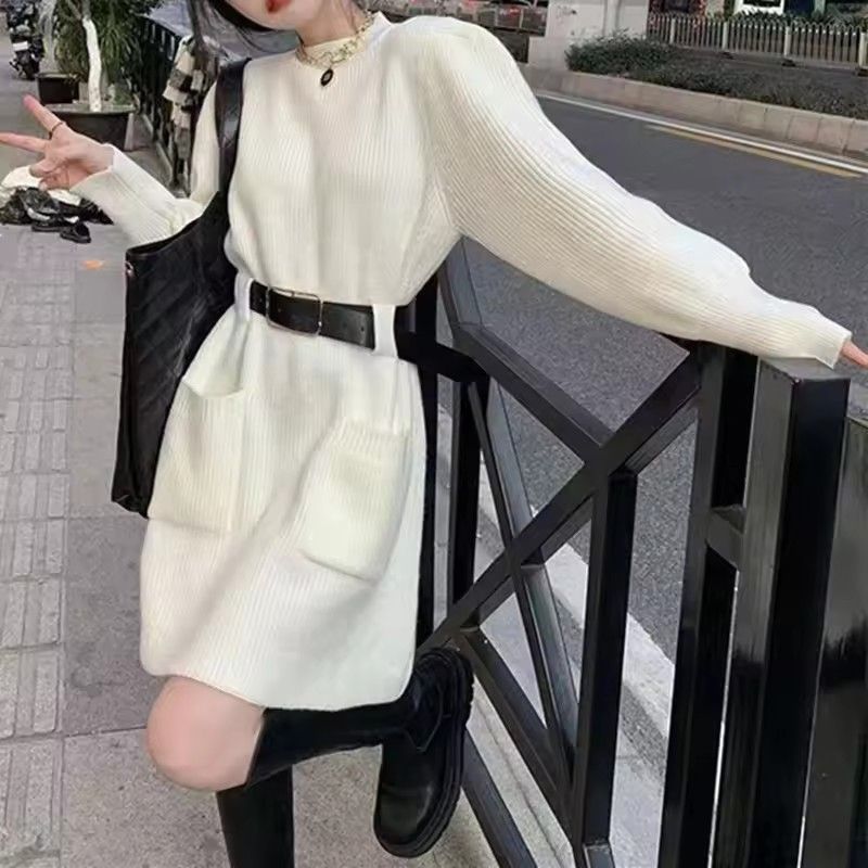 1PC Fashionable Knitted Dress Women's Base Layer Skirt Slimming Design Autumn Winter New Style Full Sleeve Polo Neck Mini Dress