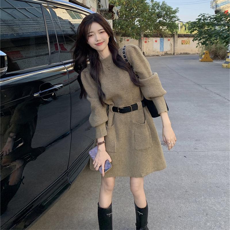 1PC Fashionable Knitted Dress Women's Base Layer Skirt Slimming Design Autumn Winter New Style Full Sleeve Polo Neck Mini Dress