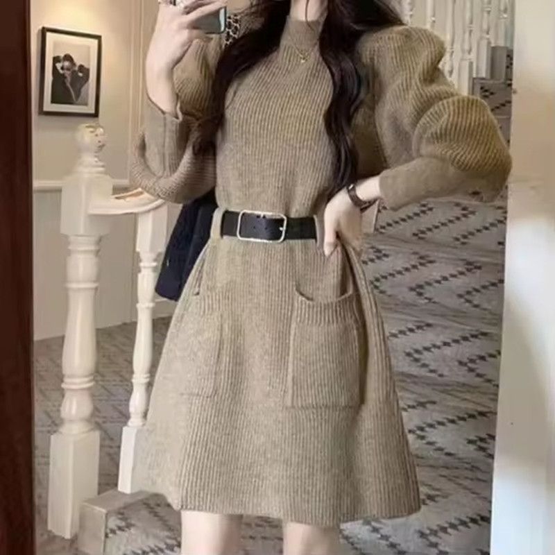 1PC Fashionable Knitted Dress Women's Base Layer Skirt Slimming Design Autumn Winter New Style Full Sleeve Polo Neck Mini Dress