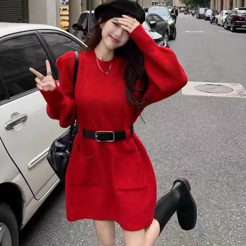 1PC Fashionable Knitted Dress Women's Base Layer Skirt Slimming Design Autumn Winter New Style Full Sleeve Polo Neck Mini Dress