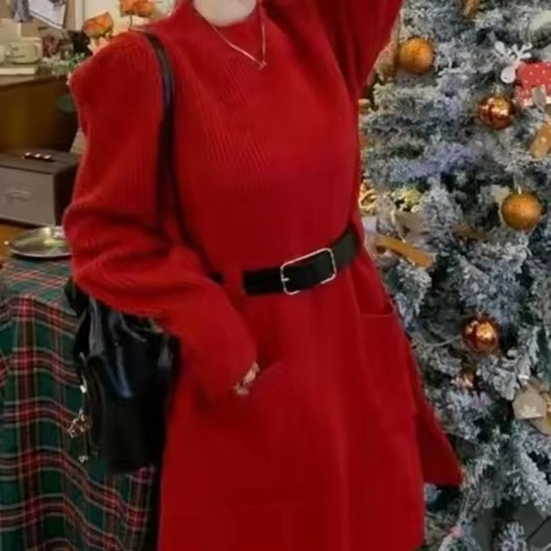 1PC Fashionable Knitted Dress Women's Base Layer Skirt Slimming Design Autumn Winter New Style Full Sleeve Polo Neck Mini Dress