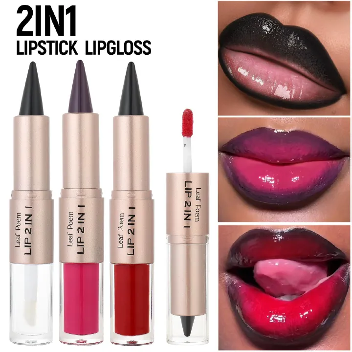 1PC 2in1 Lipstick Lip Gloss Lip Liner Contour Pencil Double Head Mirror Plumping Lip Glaze Crystal Lip Sexy Red Lips Tint Makeup B2-1033