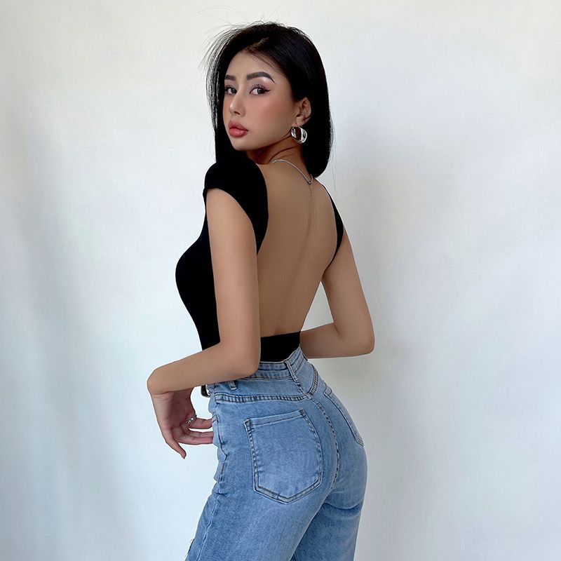 1PC Liviahome Sexy Slim Fit Bal ort Sve T-irt Women's Summer Street Sle Pure Color Faionable Square Collar One-Piece