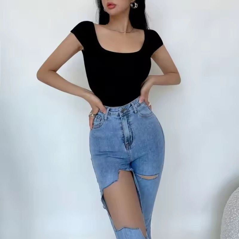 1PC Liviahome Sexy Slim Fit Bal ort Sve T-irt Women's Summer Street Sle Pure Color Faionable Square Collar One-Piece