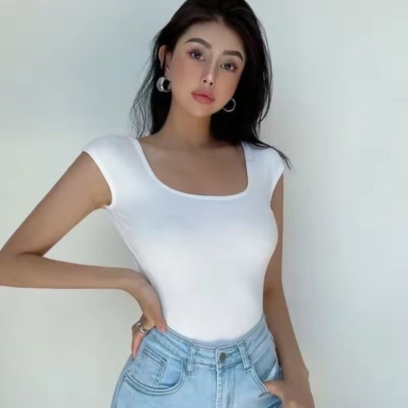 1PC Liviahome Sexy Slim Fit Bal ort Sve T-irt Women's Summer Street Sle Pure Color Faionable Square Collar One-Piece