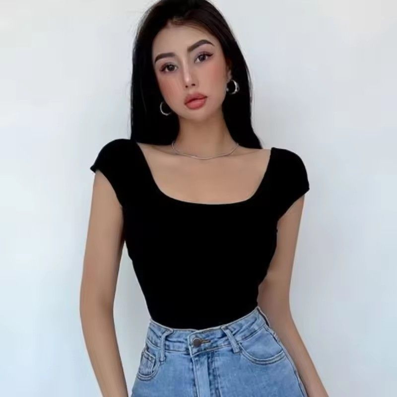 1PC Liviahome Sexy Slim Fit Bal ort Sve T-irt Women's Summer Street Sle Pure Color Faionable Square Collar One-Piece