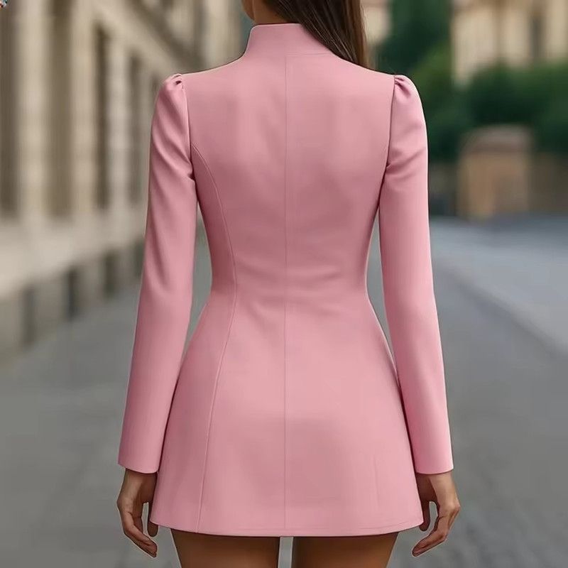 2026 New Women's Turtleneck Dress Suit Single-breasted High Waist Slim Long Sleeve Korean Style Office Pink Mini Skirt